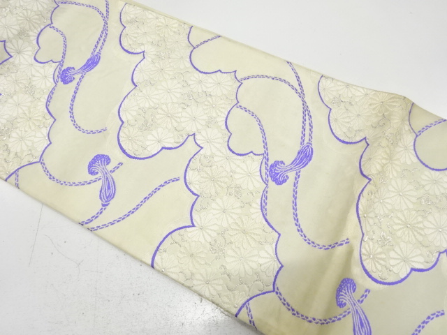 JAPANESE KIMONO / ANTIQUE FUKURO OBI / SILK / WOVEN KIKU ARABESQUE